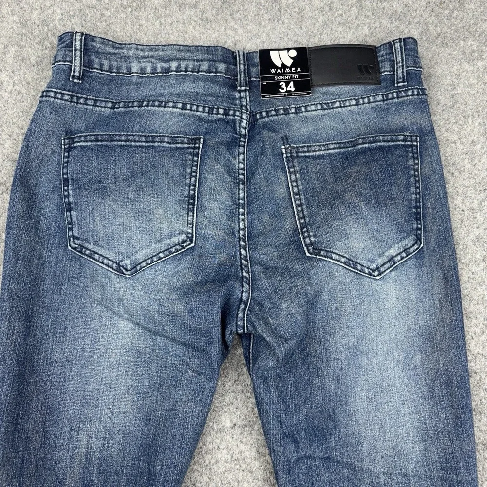 Waimea Jeans Mens 34x32 Skinny Fit Distressed Ripped Stretch Indigo Blue Denim